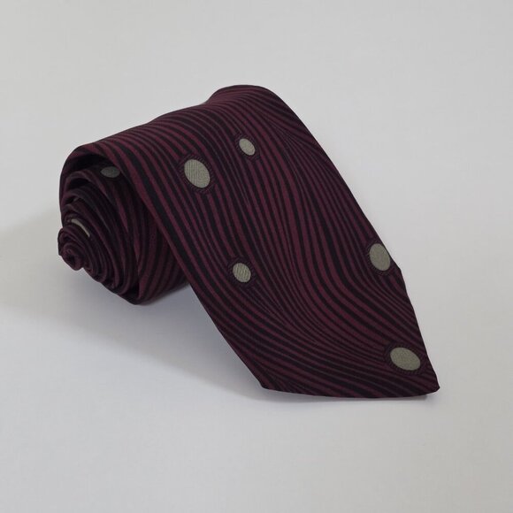 Alan Cherry San Babila Silk Tie Wine Black W/Beige Circles Italy VTG W 3.5 L 56" - Picture 1 of 14